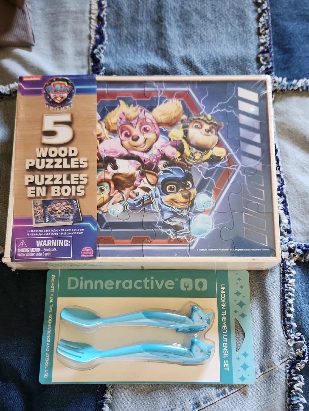 PAW Patrol 5 Wood Puzzles + Blue Unicorn Kids Flatware Set